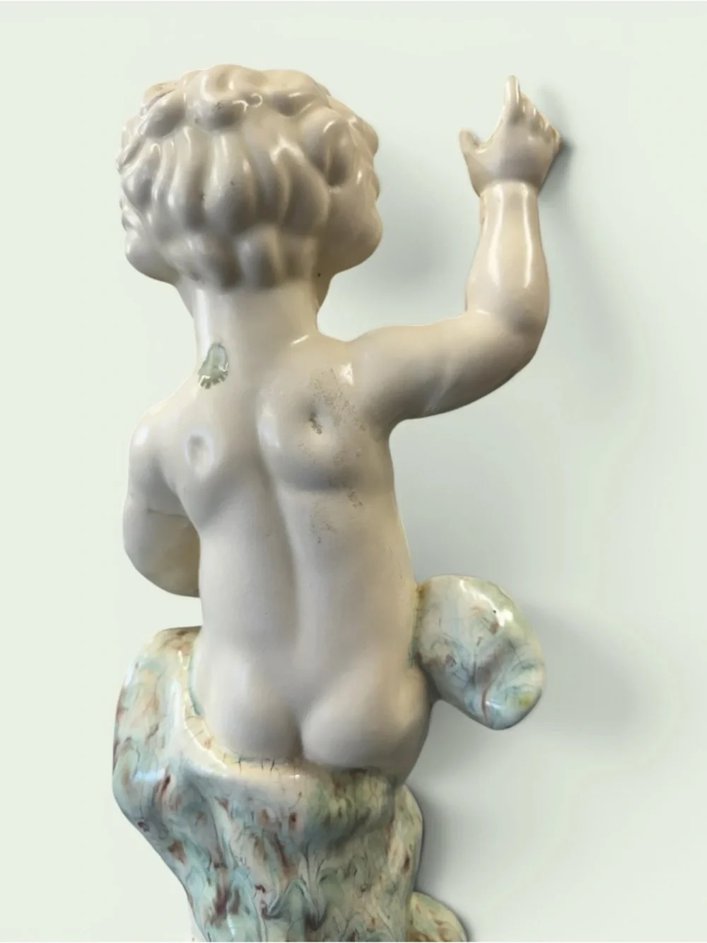Vintage Cream Ceramic Cherub Figurine with Pale Aqua Drapery 16” x 6”